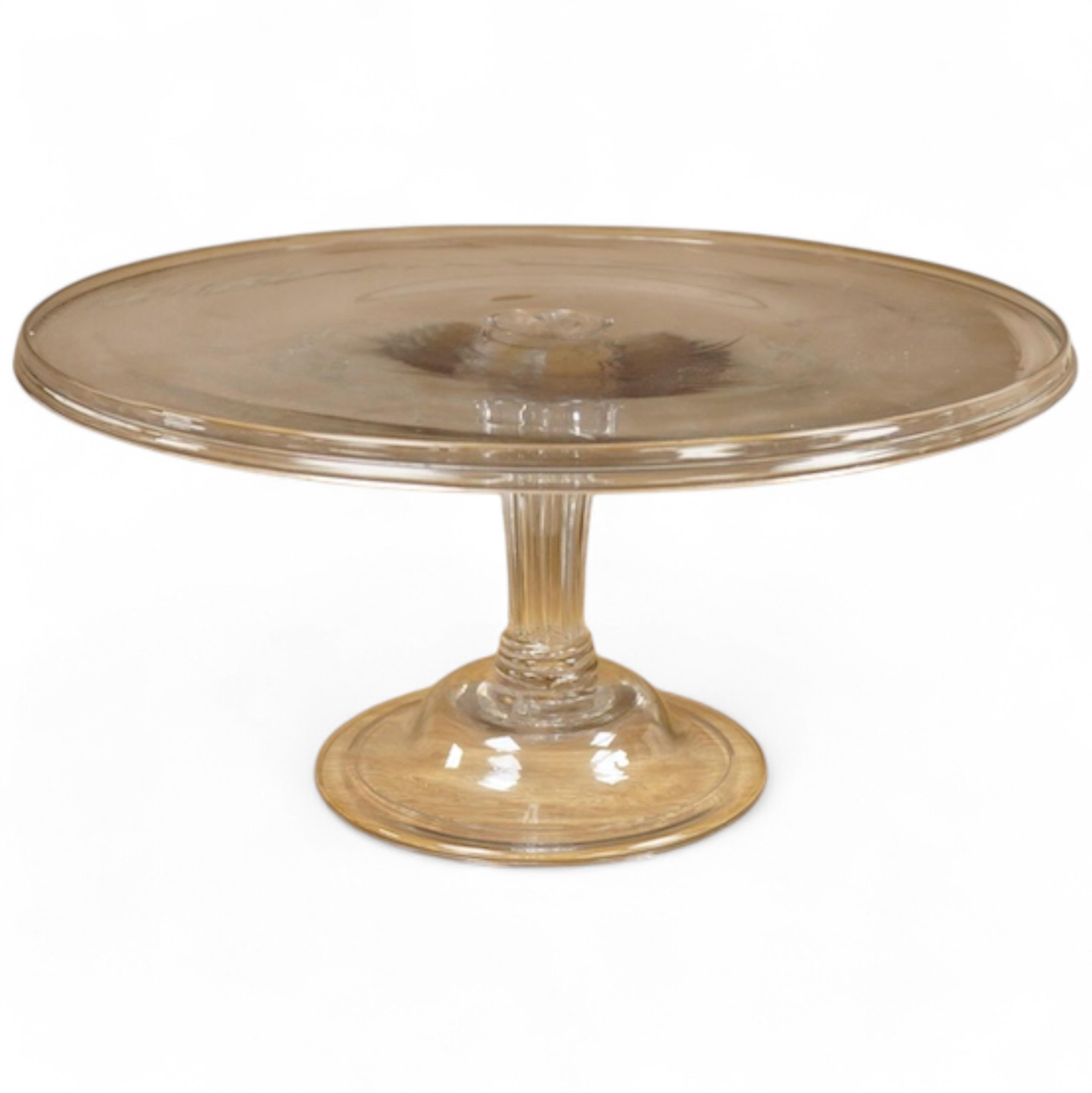 A late 18th century glass tazza, circa 1780, with a ‘’Silesian’’ stem, on a domed and folded foot, 14.5cm high x 30.5cm diameter